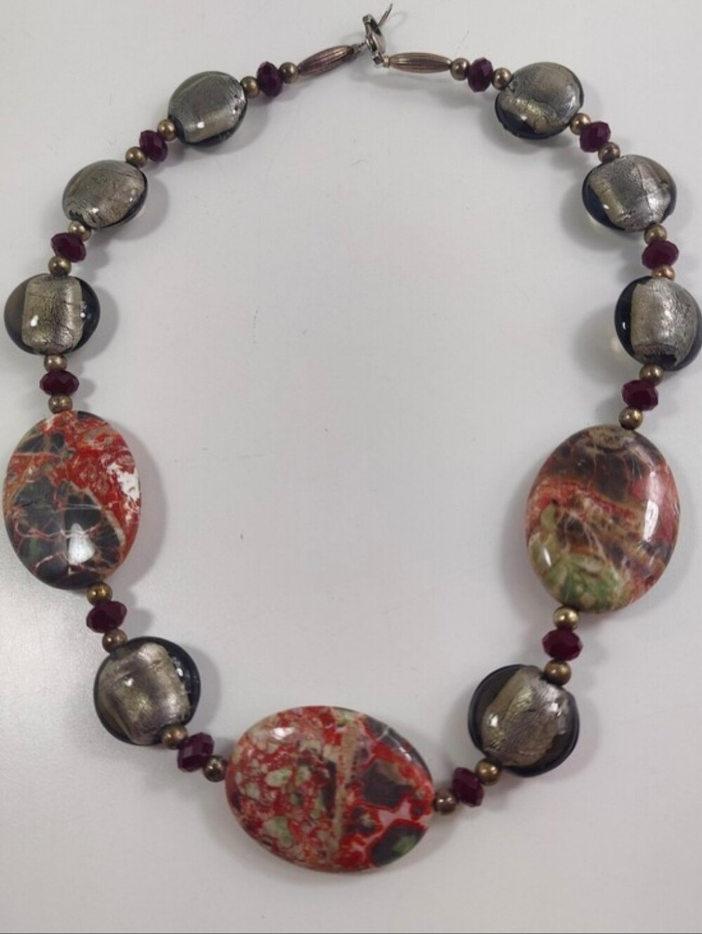 Artisan Jasper Necklace Foil Glass Beads Red Crystal Accents 19"